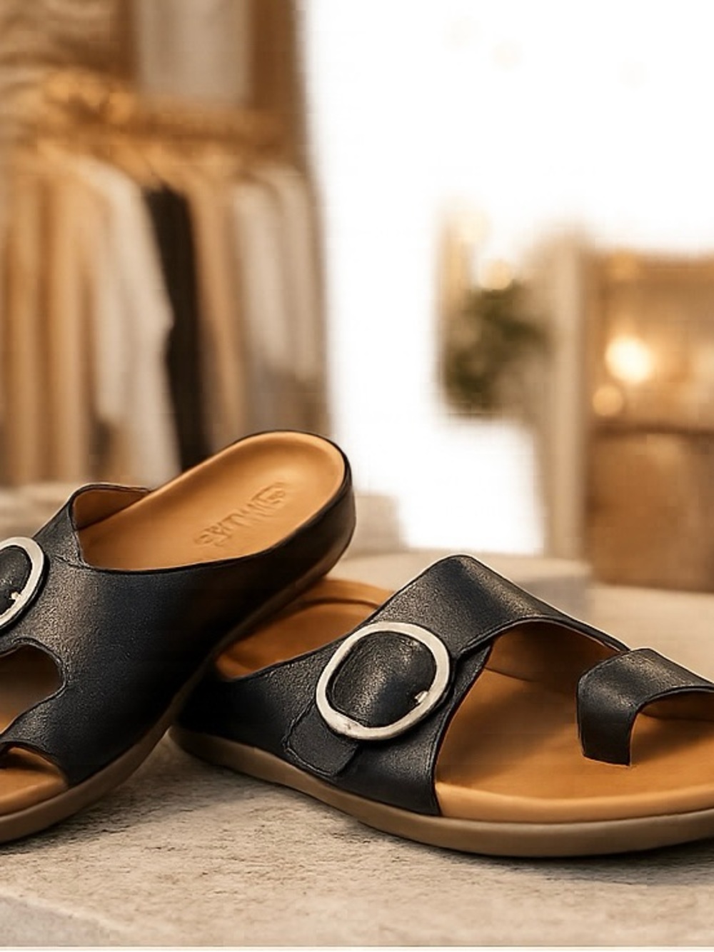 Strive Black Buckle Slide Sandals with Tan Comfort Footbed (size 7)